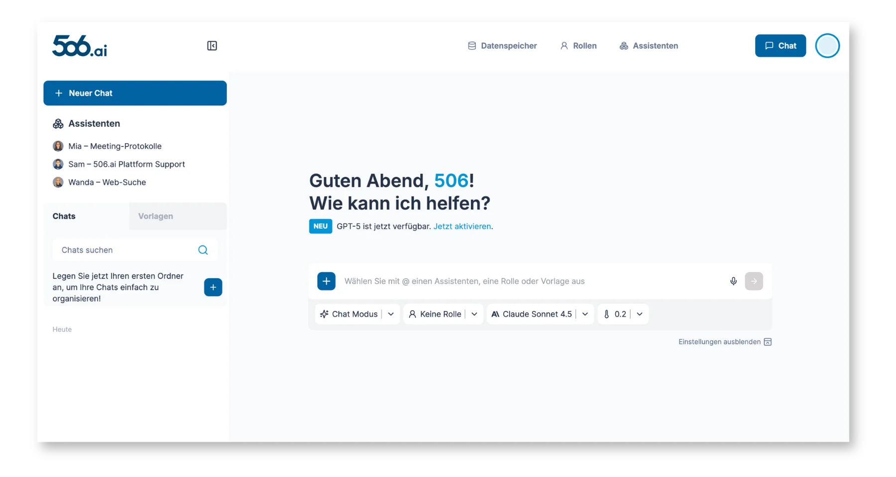 506.ai Plattform Startscreen mit Tabs Chat, Datenspeicher, Rollen und Assistenten