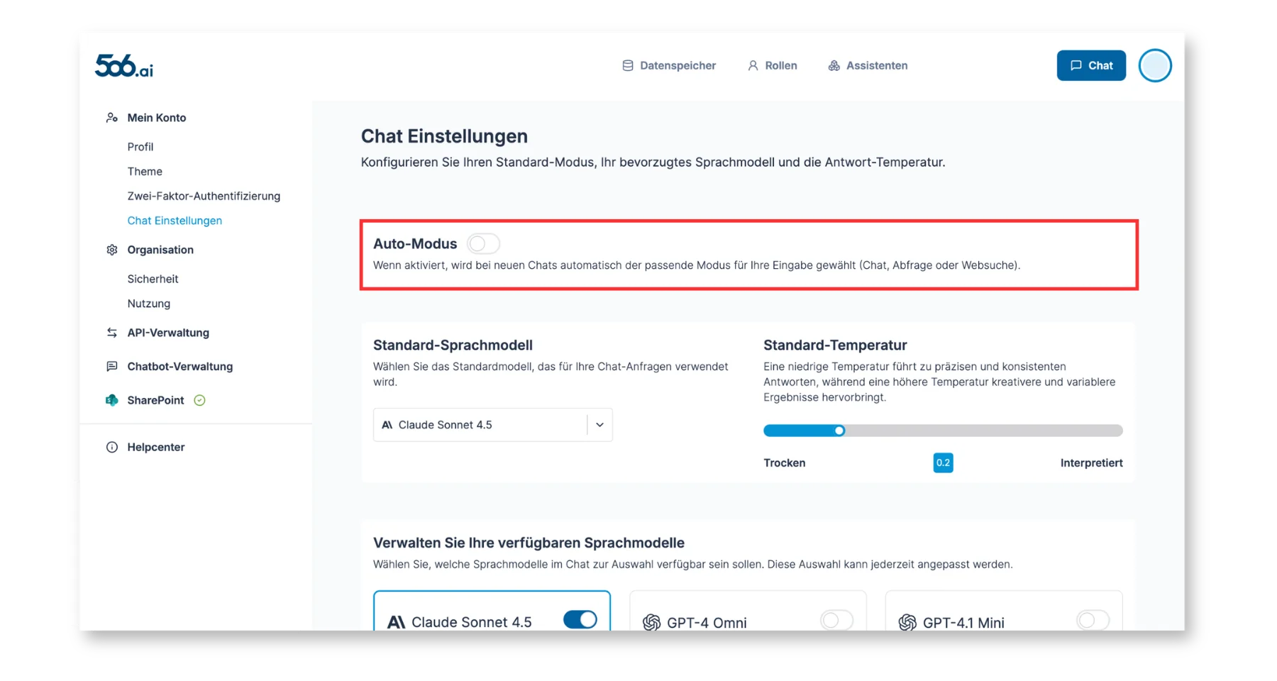 Einstellung zum Aktivieren des Automatischen Modus als Standard in den Chat Einstellungen