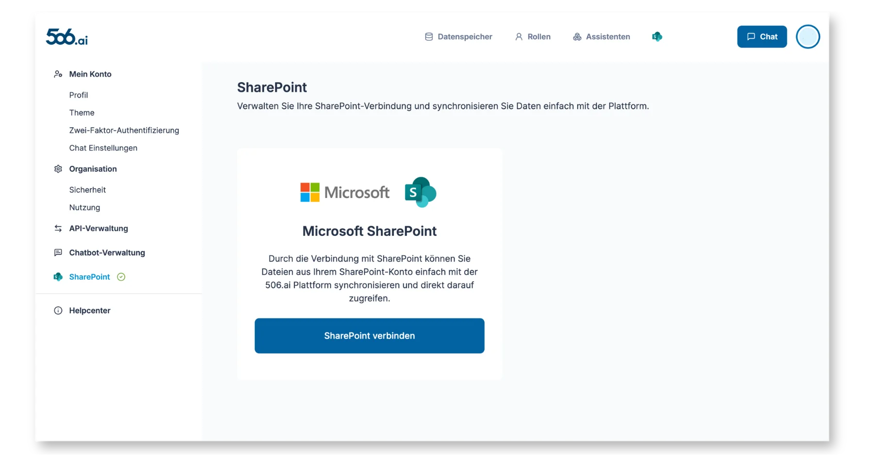 SharePoint verbinden — Einstellungen mit Microsoft-Login