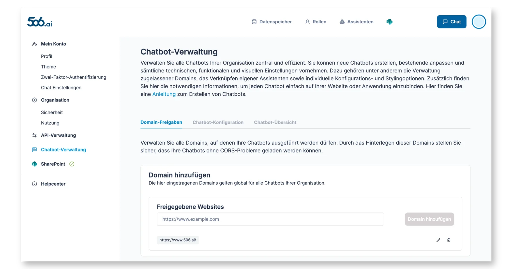 Domain Einstellung in der Chatbot-Verwaltung
