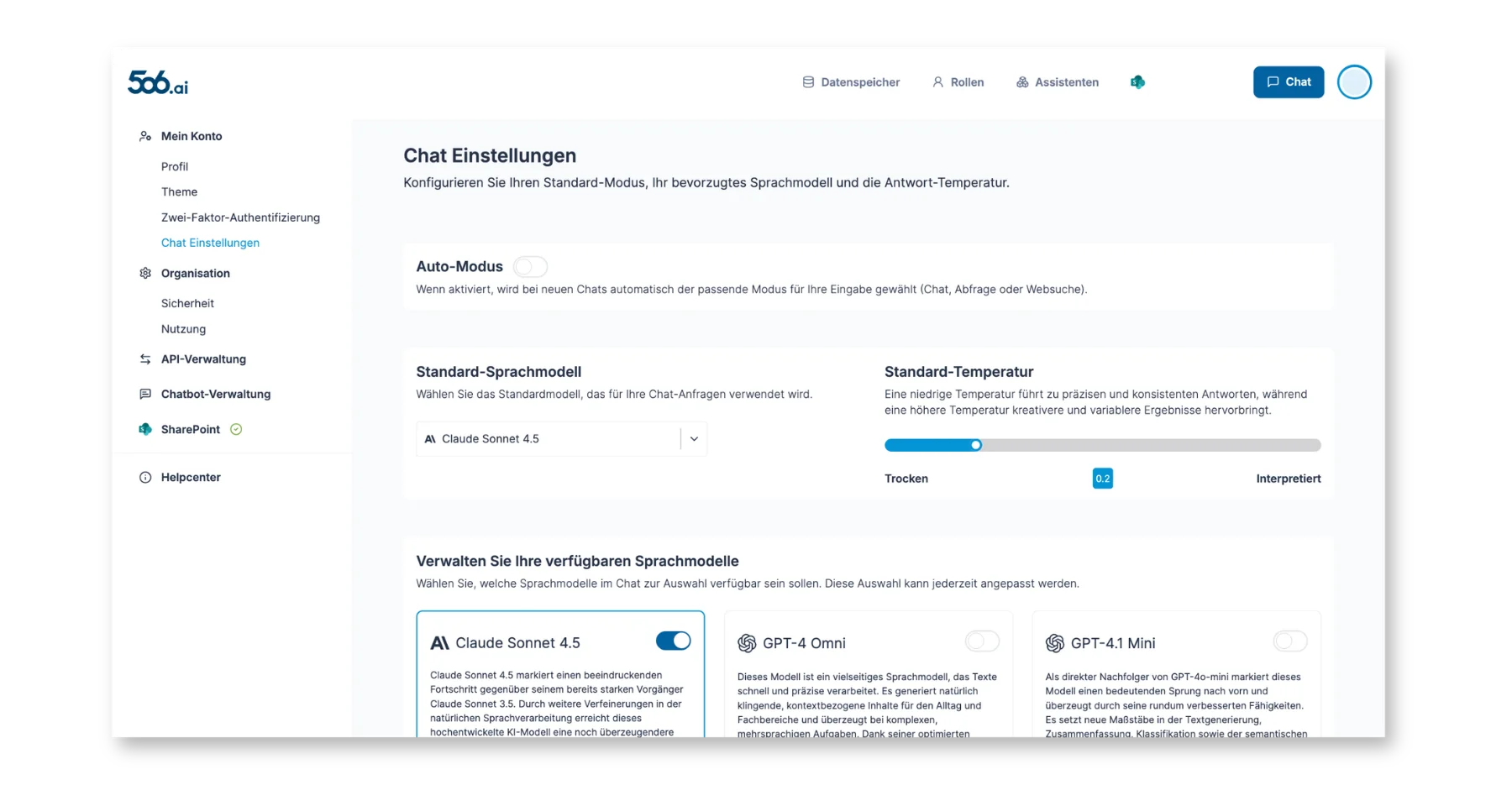 Chat Einstellungen mit Sprachmodell-Auswahl und Temperatur-Einstellung
